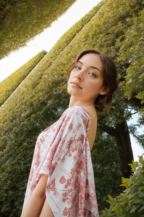 (low angle, headshot:1.2) photo of CandelaGallo, she is wearing cherry blossom print poncho , she is wearing necklace, her hair is styled as asymmetrical shoulder-length hair, BREAK she is (wandering a hedge maze:1.1), soft diffused lighting, shot on Aaton LTR, Ektar 100 ,8mm fisheye lens ,