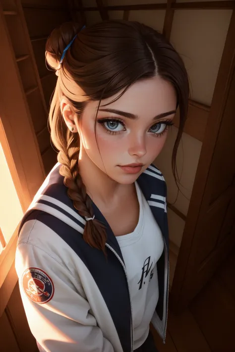 (high angle, headshot:1.2) photo of CandelaGallo wearing makeup, she is wearing letterman jacket , she is wearing lapel pin, her hair is styled as Straight Fishtail Braid Bun, BREAK she is (in the attic:1.1), soft diffused lighting, shot on Leica M3, color filter,