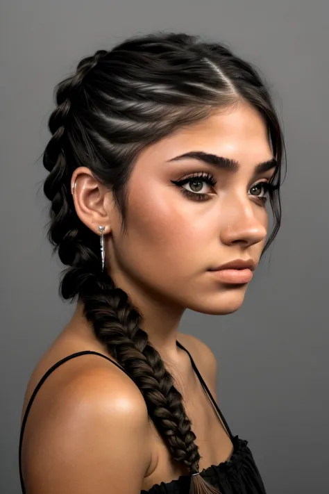 charcoal drawing, dark, contrast, highly detailed, textured CandelaGallo, focus on eyes, close up on face, pouting, wearing jewelry, ashen color hair styled Curly Fishtail Braid