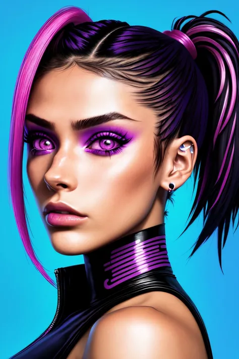 neonpunk style, cyberpunk, vaporwave, neon, vibes, vibrant, stunningly beautiful, crisp, detailed, sleek, ultramodern, magenta highlights, dark purple shadows, high contrast, cinematic, ultra detailed, intricate, professional CandelaGallo, focus on eyes, close up on face, hair styled high ponytail hair