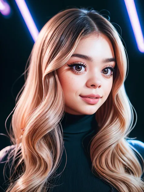 closeup portrait of  beautiful (block_mollylittle:0.99), a woman, perfect wavy hair,  wearing long sleeved turtleneck dress, in a nightclub, neon lights, (analog, cinematic, film grain), (looking at viewer), shot with Fuji XT3, 85mm