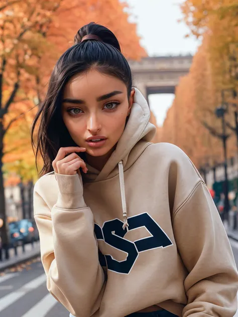 a woman in a beige sweatshirt and black pants standing on a street