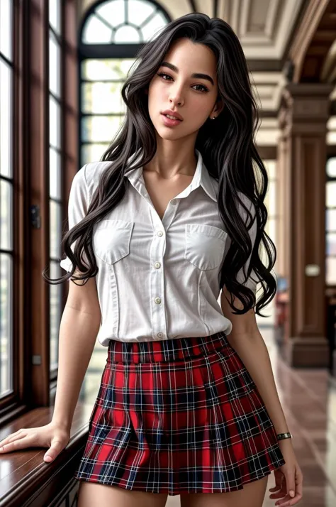 tv_Kama_Oxi_PS_V1, nikon, scene, full body shot, standing in an old library, wearing a plaid skirt, wearing a white shirt, detai...