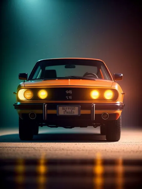 a close up of a car with yellow lights on a street