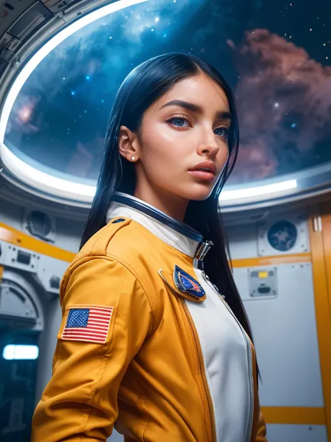 (wide angle, closeup portrait), beautiful (block_emwil:0.99), a woman as an astronaut,  wearing uniform, in space station hallway with neon lights, serious face, (analog, cinematic, film grain),  (color picture:1.1), (looking at viewer), shot with Fuji XT3