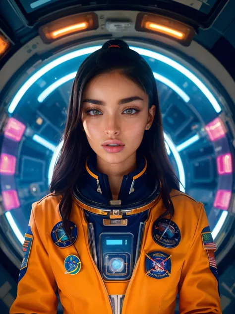 (wide angle, closeup portrait), beautiful (block_emwil:0.99), a woman as an astronaut,  wearing uniform, in space station hallway with neon lights, serious face, (analog, cinematic, film grain),  (color picture:1.1), (looking at viewer), shot with Fuji XT3