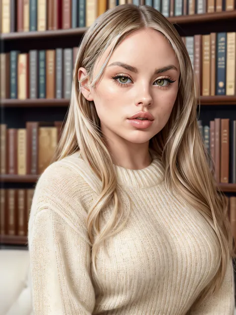 portrait of a beautiful woman, (block_claireclouds:0.99), blonde hair in updo, (knitted jumper), (in a library:1.2), 70mm, (anal...