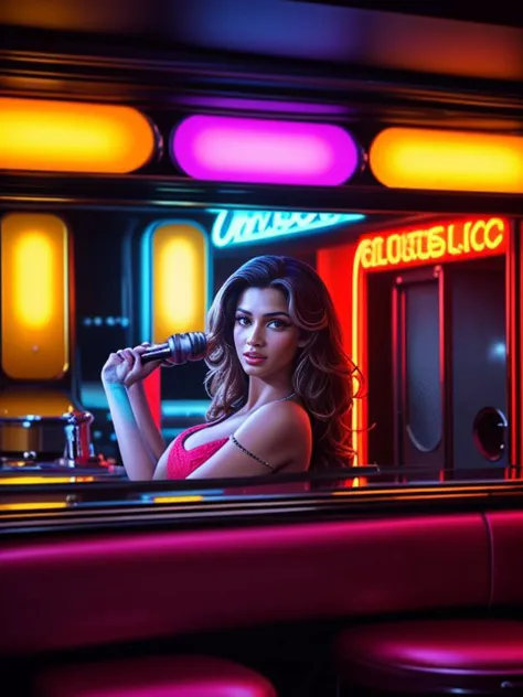 Masterpiece, Best Quality, ultrarealistic photography, real life, colorful, amazing, perfect lighting, bright colors, dramatic, dynamic, cinematic lighting, hyperrealism, intricate details, epic, realism, 
1950s Jukebox, ([ Traci Bingham|Disha Patani])  is music coming to life, musical notes, hypnotized,  50s Diner, 
 <lora:LCM_LoRA_Weights_SD15:1>