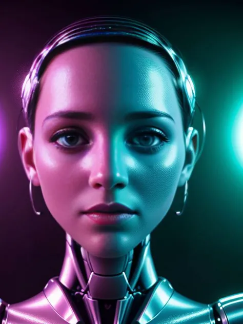 a close up of a woman in a futuristic suit with a glowing background