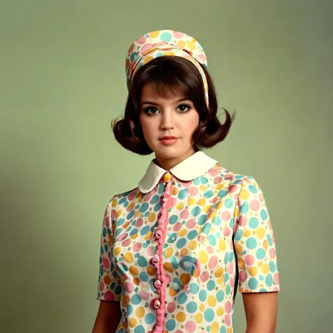 arafed woman in a polka dot dress and hat posing for a picture