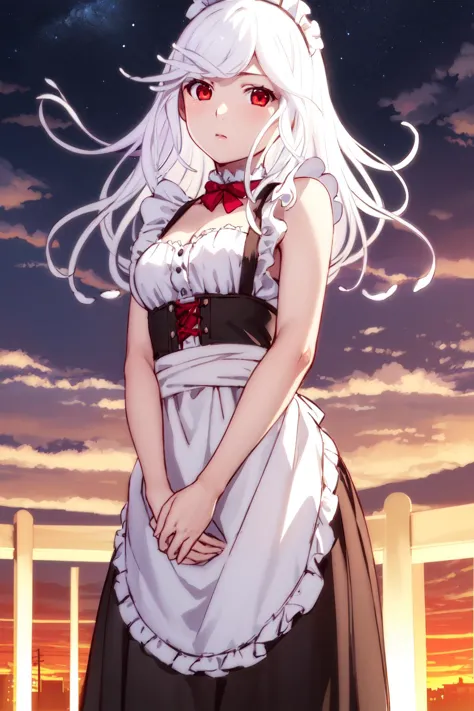 anime girl with white hair and red eyes standing in front of a fence