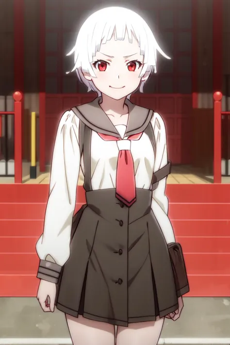 anime girl in school uniform standing in front of a red wall