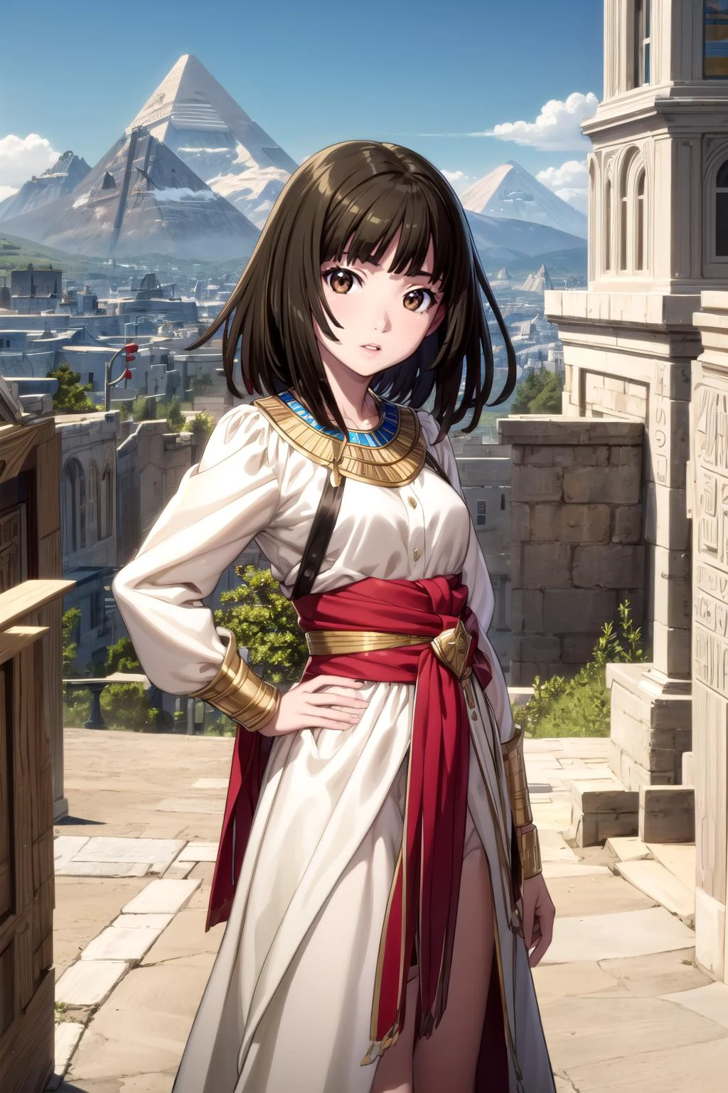 (masterpiece, best quality, detailed), 1girl, solo, nadeko01, medium hair, brown hair, brown eyes, bangs, blunt bangs, looking at viewer, 
ancient egyptian clothes, outdoors, mountain, castle, fantasy, scenery, sky, hands on hips, parted lips