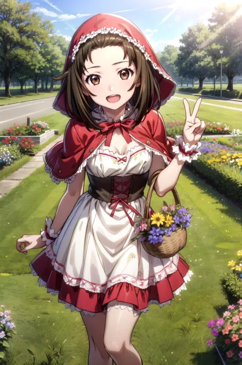 (masterpiece, best quality, detailed), 1girl, solo, nadeko01, medium hair, brown hair, brown eyes, hairband, forehead, looking at viewer,
<lora:little_red_riding_hood_v0.1:1>, little red riding hood, frilled dress, basket, miniskirt, cleavage, outdoors, garden, grass, sunlight, day, blue sky, yellow flower, flower pot, peace sign, open mouth, smile