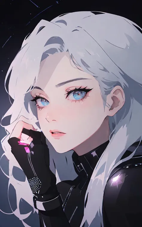 anime girl with white hair and blue eyes holding a cell phone