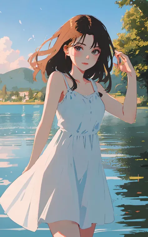 anime girl in white dress standing in water with trees in background