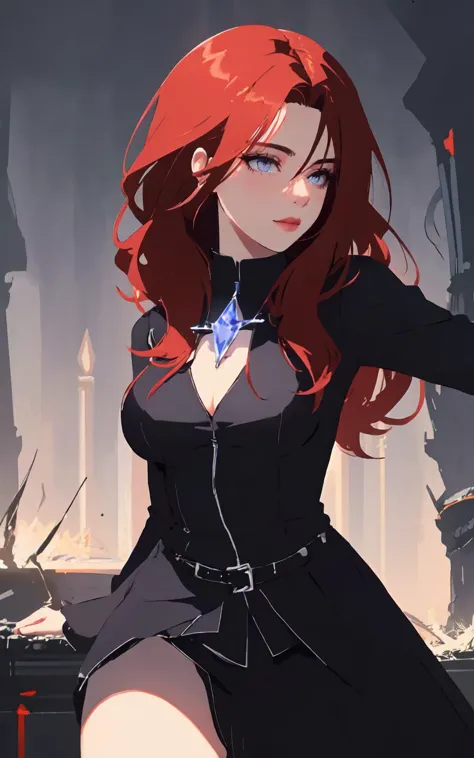 a woman in a black dress with red hair and a sword