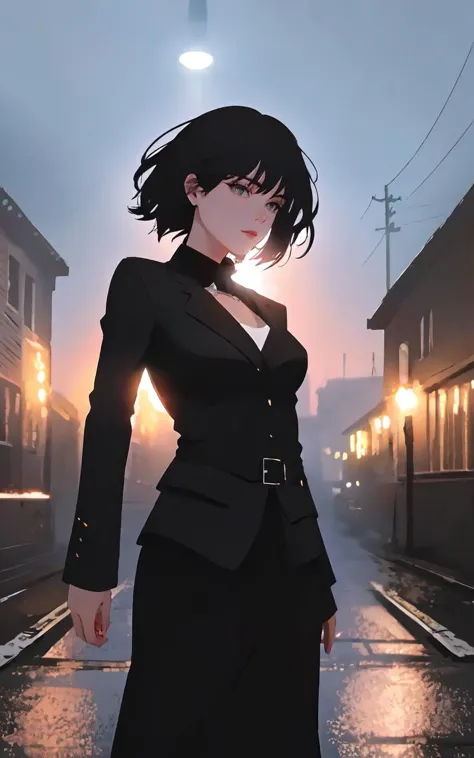 a woman in a black suit standing on a street at night