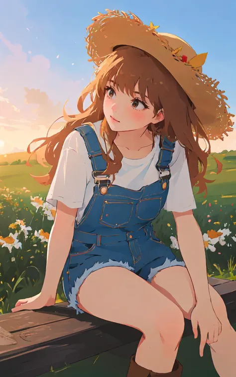 a girl sitting on a bench in a field of flowers