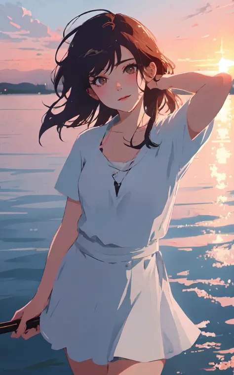 a woman in a white dress standing in front of a body of water