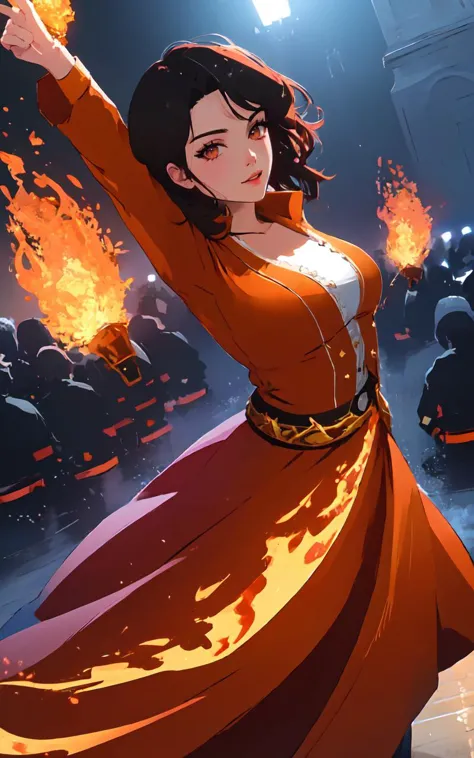 a woman in a long dress is dancing with fire in her hand