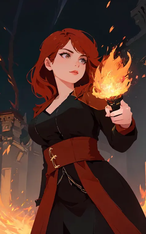 a woman in a black dress holding a fire in her hand