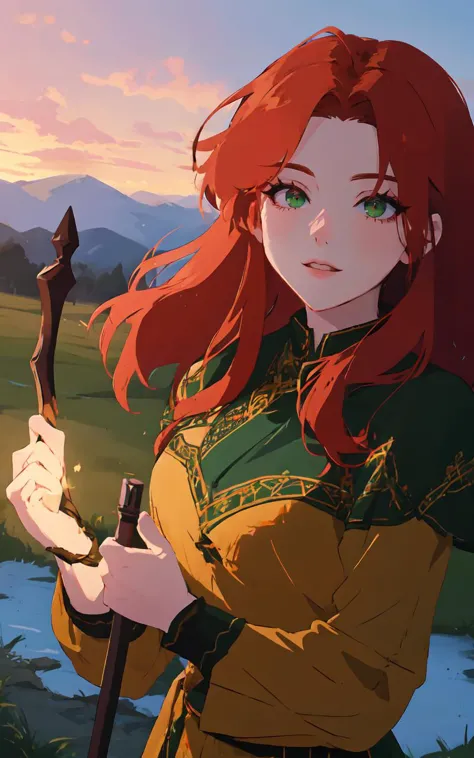 a woman with red hair holding a stick in a field