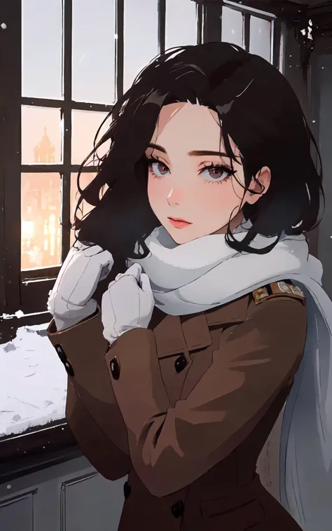 anime girl in winter coat looking out window with snow on ground