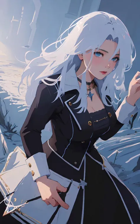 a close up of a woman with white hair and a black dress