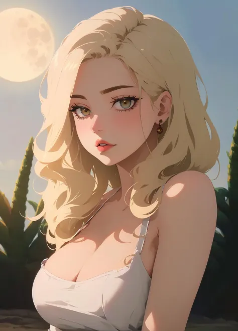 a woman, solo, upper body, (Random:1.3), layered hair, platinum blonde hair, hazel eyes, plump lips, large breasts, nice dress, moonlit desert landscape with cacti, (masterpiece, best quality, detailed:1.3), beautiful