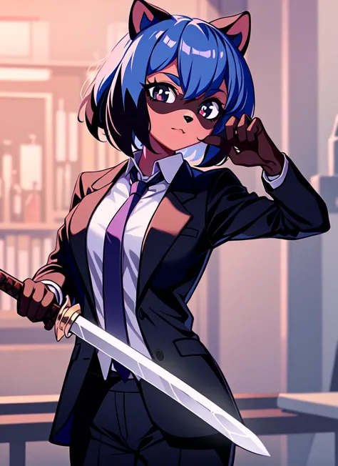 anime character with blue hair and a sword in a suit