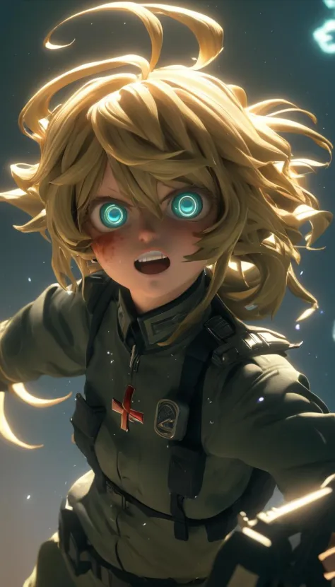 Cinematic scene, hero view, Tanya Degurechaff , Youjo Senki, action pose, detailed background, masterpiece, best quality, high q...