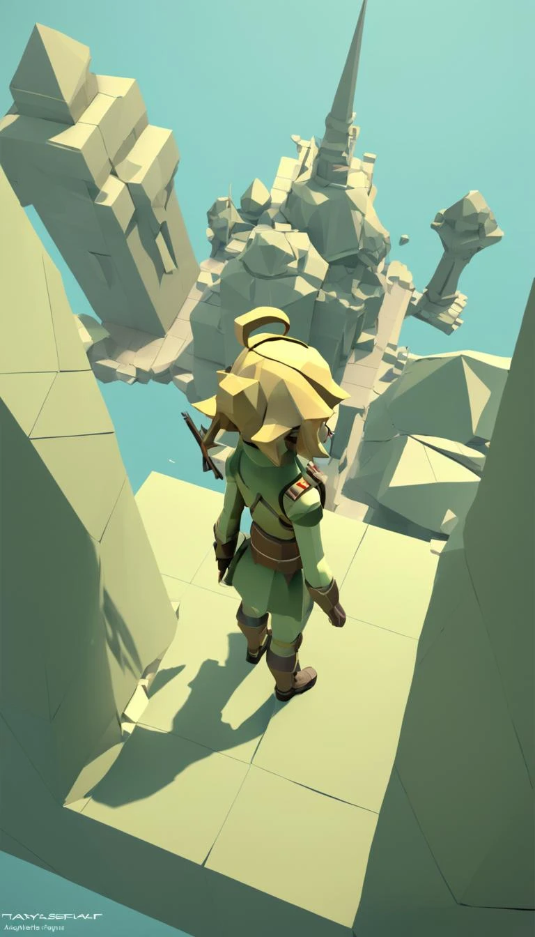 Scène cinématographique de style low-poly, vue du héros, Degurechaff a demandé, Pose d&#39;action de Youjo Senki, contexte détaillé, chef-d&#39;œuvre, meilleure qualité, haute qualité, haute résolution, absurdes  . art du jeu low-poly, maillage polygonal, déchiqueté, en bloc, bords filaires, composition centrée