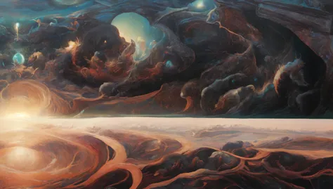 painting of a painting of a planet with a sun and clouds