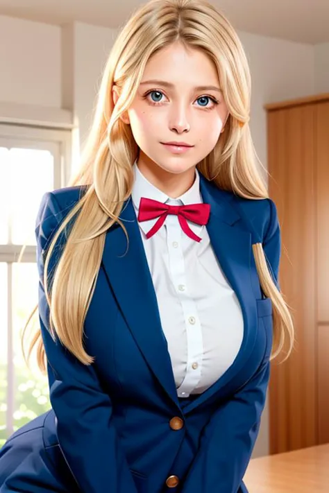 (day),bedroom,high rise apartment, windows,
dynamic pose,standing at attention,
blazer,blue suit ,red bow tie,neck ribbon, ribbo...