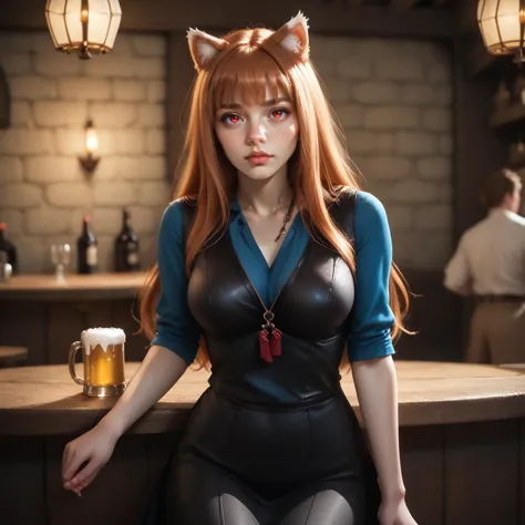 a woman in a cat suit sitting on a bar with a beer