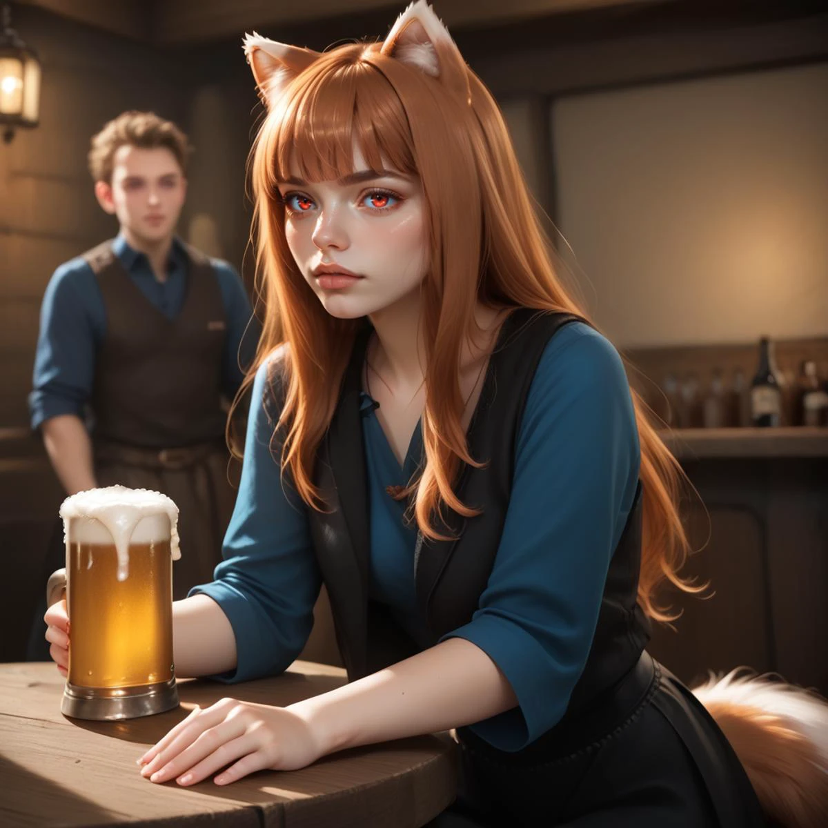 score_9_up, score_8_up, score_7_up, (masterpiece), (best quality), (ultra-detailed), (very aesthetic:1.2), intricate details, perfect composition, absurdres, romantic atmosphere, 
realistic,
holo, brown hair, long hair, bangs, red eyes, wolf girl, wolf ear,  femenine face,
43stl1ght1ng, expressiveh, d3t41l3d, zPDXLrl,  Perfect_Eyes, TeethXL,
