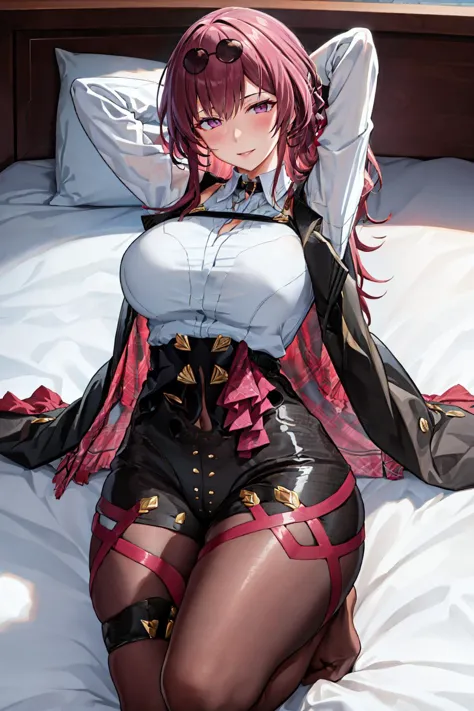 anime girl in a corset laying on a bed with her arms behind her head