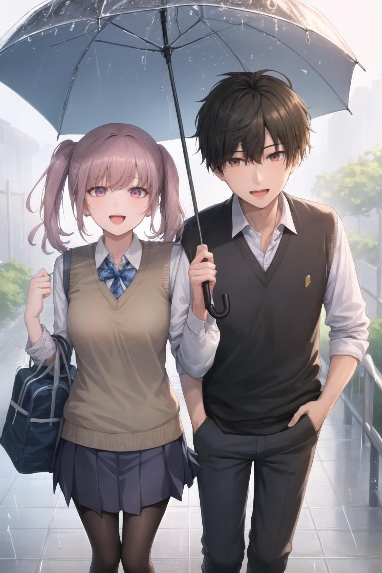 Couple d'anime marchant sous la pluie avec des parapluies à la main -  SeaArt AI