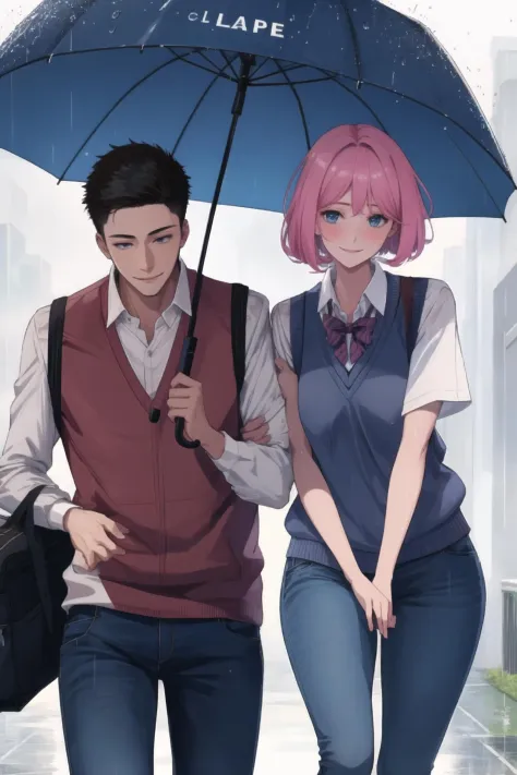 1boy, 1girl, embarrassed, black umbrella, holding, holding umbrella, school uniform,  rain,  school uniform, (shared umbrella), ...