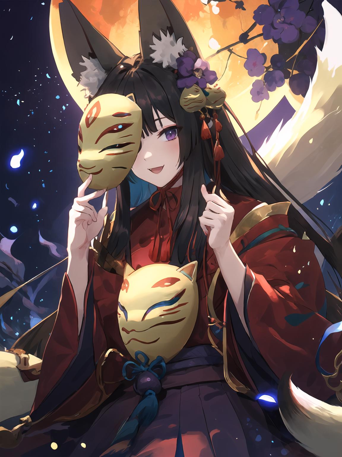 Anime girl with cat mask and cat mask in front of full moon - SeaArt AI