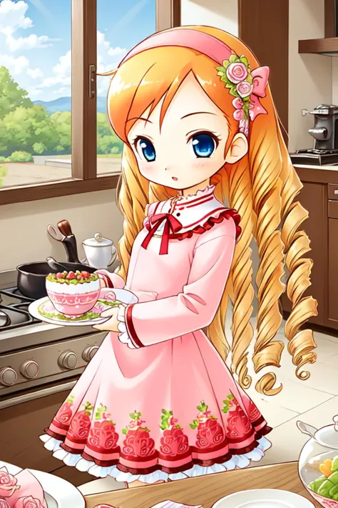 1 girl, indoors, kitchen, holding plate,
 <lora:Harvest_Moon_Hero_of_Leaf_Valley_-_Katie:0.6> holvkatie, orange hair, long hair, drill hair, curly hair, blue eyes, hair flower, pink hairband,
pink shirt, shirt over dress, pink dress, floral pattern, frills, long sleeves,