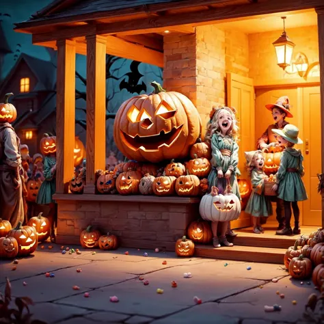 halloween scene with pumpkins and children in costumes outside a house