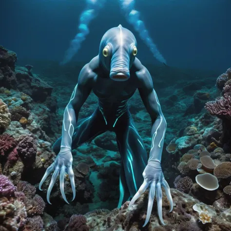 um híbrido humanoide assustador funde criaturas abissais do oceano híbrido, ostentando translucidez, pele bioluminescente que brilha com padrões fantasmagóricos. Seus olhos, como peixes abissais, emitir um outro mundo, brilho misterioso, e seus membros se estendem de forma não natural, terminando em membranas, apêndices com garras que lembram os habitantes das profundezas do mar, exalando uma aura fantasmagórica das misteriosas profundezas do oceano.