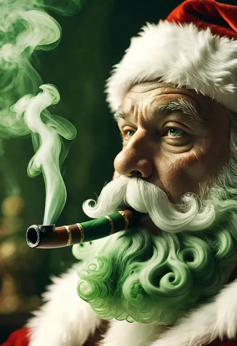 cinematic closeup photo, santa smoking a pipe, billowing thick (green) smoke, greenteam, intricate, high depth of field