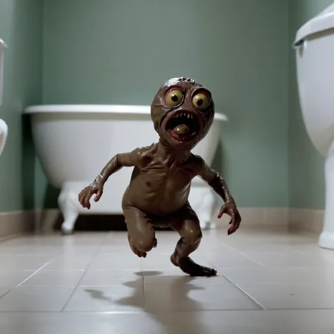 there is a toy of a creature running in a bathroom