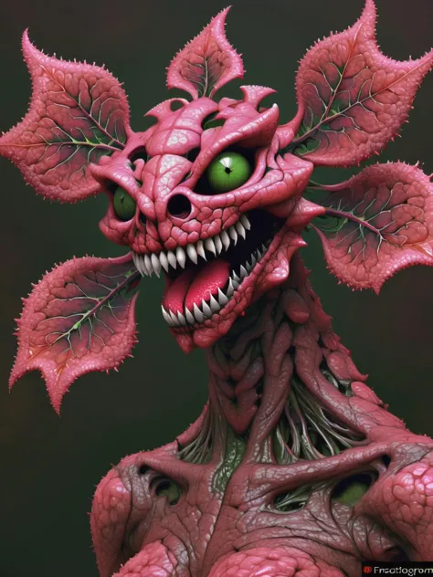 a close up of a red dragon with green eyes and a leafy head