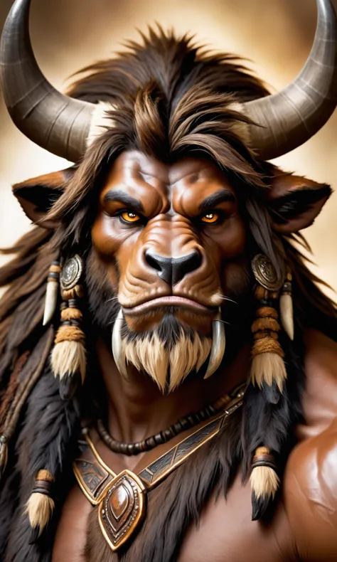 a realistic portrait of a Tauren male, rugged face, detailed eyes, detailed hair, detailed fur, sharp focus, soft lighting