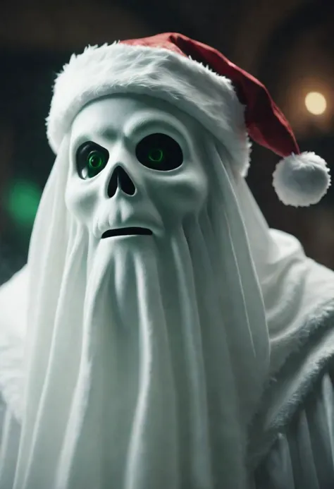 a close up of a ghost wearing a santa hat and a white robe