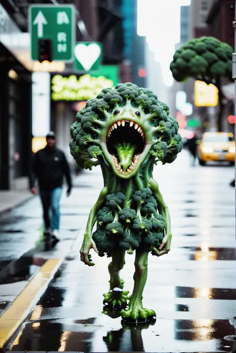 Positive: cinematic photo realistic photo of a humanoid green goop (broccoli) shaped creature walking on the street <lora:xl_mor...